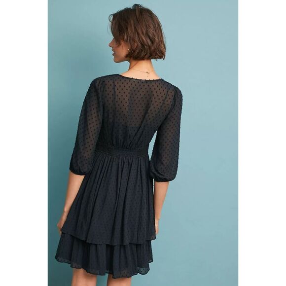 NWT ANTHROPOLOGIE Meadow Rue Black Minetta Crochet Sheer Tiered Dress 4 Petite - Picture 3 of 13